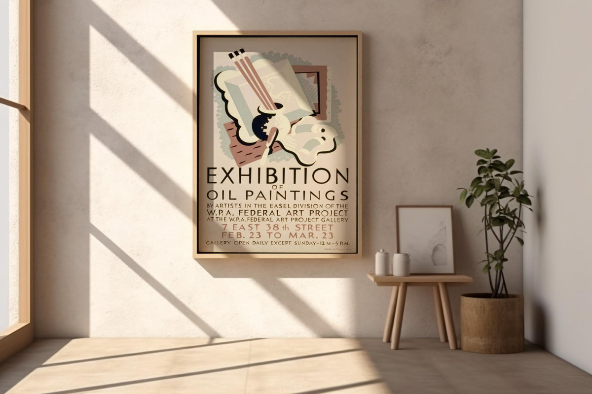 WPA Exhibit Poster Print – Oil Paintings Gallery Show Reprint – Federal Art Project 1930s Artwork with Pastel Abstract Still Life - Just Great Posters