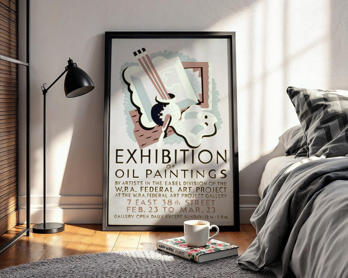 WPA Exhibit Poster Print – Oil Paintings Gallery Show Reprint – Federal Art Project 1930s Artwork with Pastel Abstract Still Life - Just Great Posters