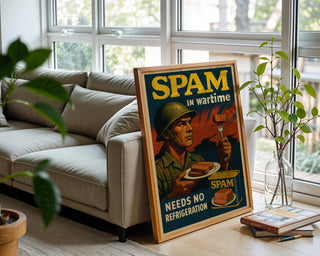 SPAM in Wartime Poster | Funny Retro Food Ad Print with Soldier Artwork | Vintage Kitchen or Man Cave Wall Art | Free Shipping Always - Just Great Posters
