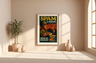 SPAM in Wartime Poster | Funny Retro Food Ad Print with Soldier Artwork | Vintage Kitchen or Man Cave Wall Art | Free Shipping Always - Just Great Posters