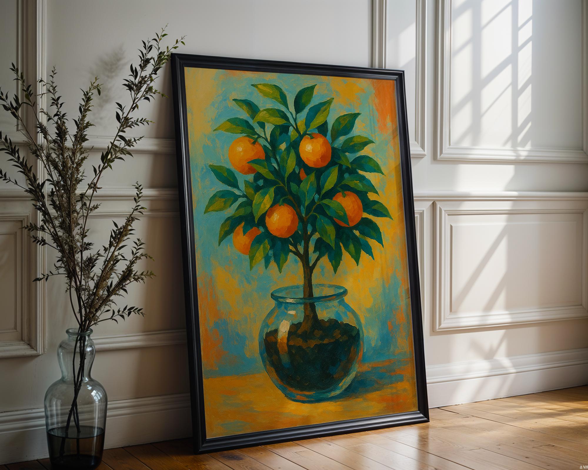 Orange Tree in Glass Poster | Minimal Botanical Wall Art with Citrus Still Life | Fresh Modern Kitchen Print | Free Shipping Always - Just Great Posters