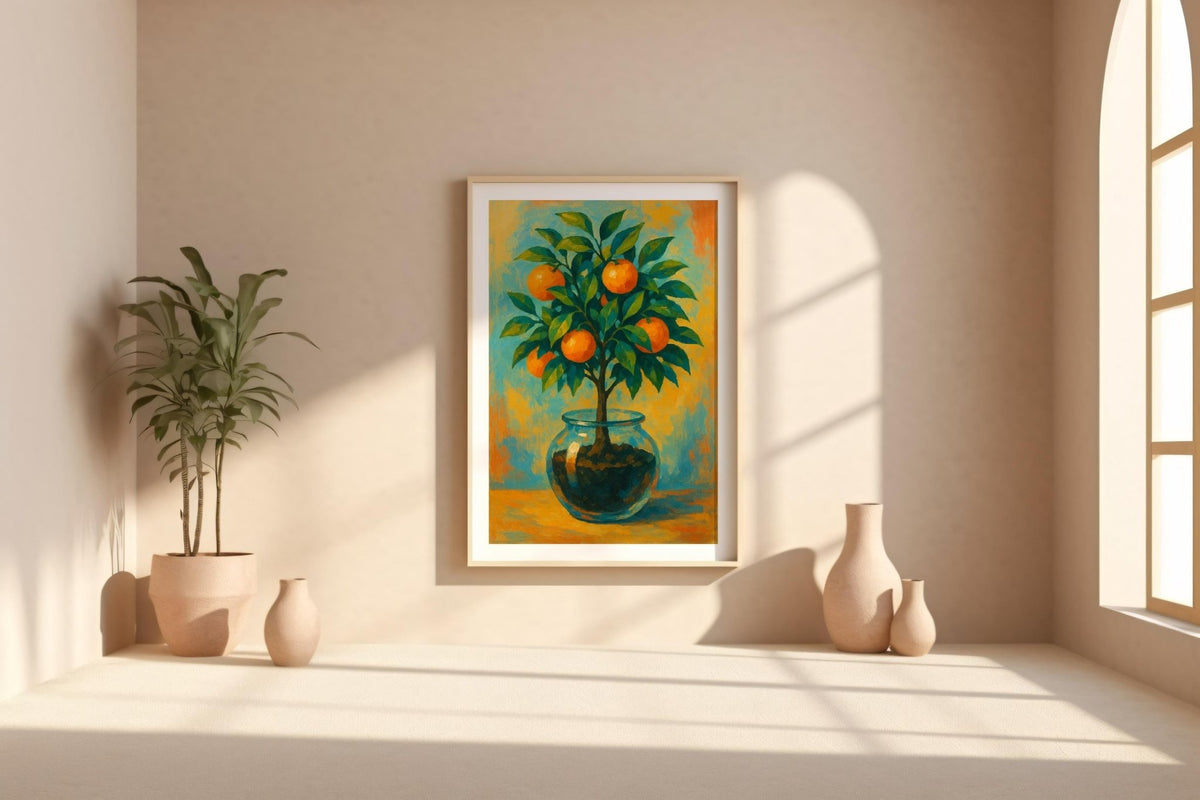 Orange Tree in Glass Poster | Minimal Botanical Wall Art with Citrus Still Life | Fresh Modern Kitchen Print | Free Shipping Always - Just Great Posters