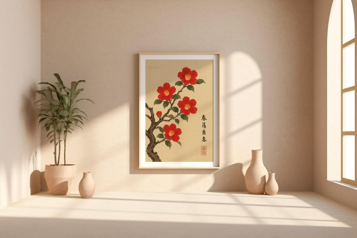 Red Camellia Blossom Poster | Japanese - Style Botanical Wall Art with Vintage Ink Brush Look | Zen Nature Print | Free Shipping Always - Just Great Posters