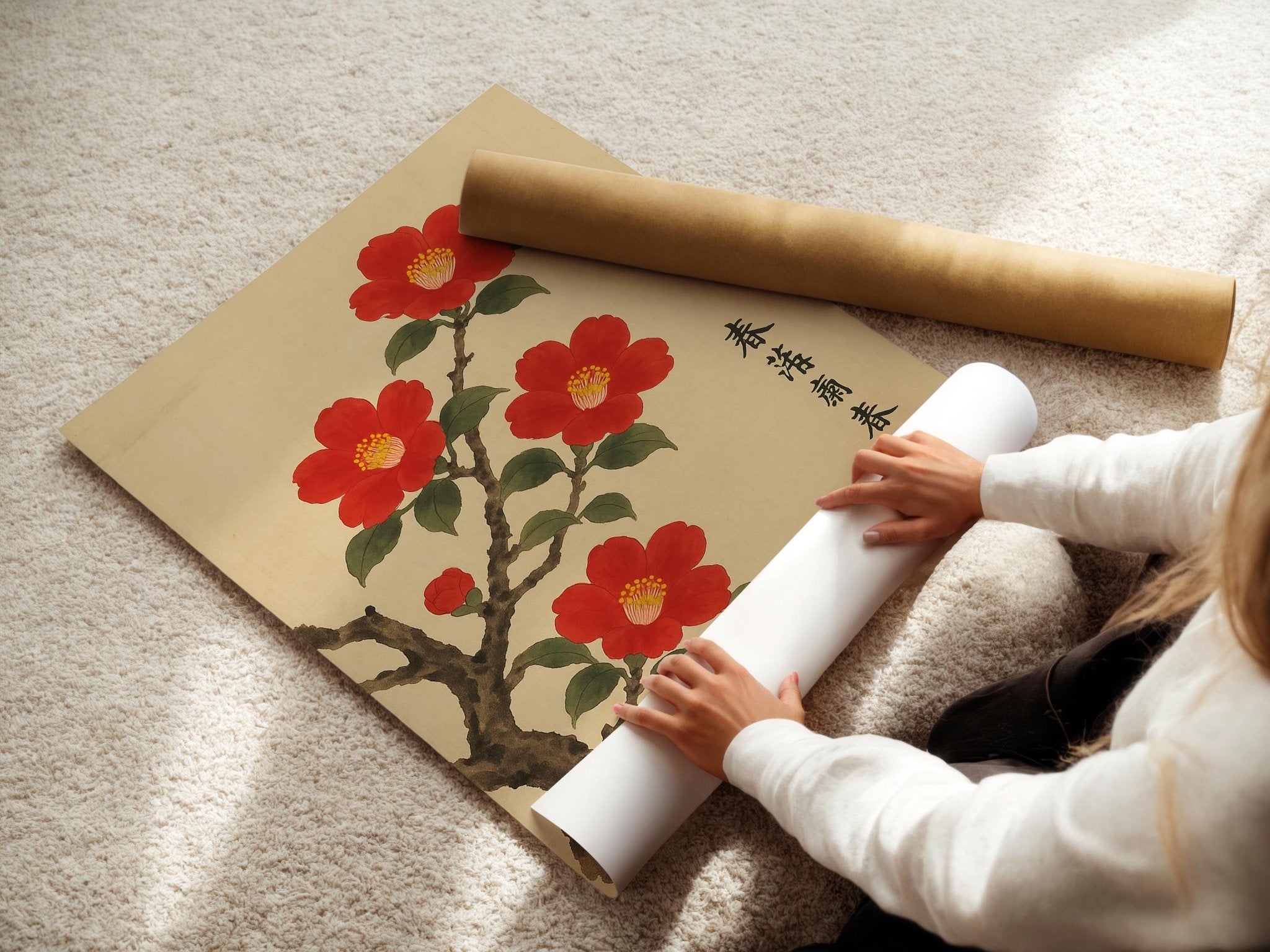 Red Camellia Blossom Poster | Japanese - Style Botanical Wall Art with Vintage Ink Brush Look | Zen Nature Print | Free Shipping Always - Just Great Posters