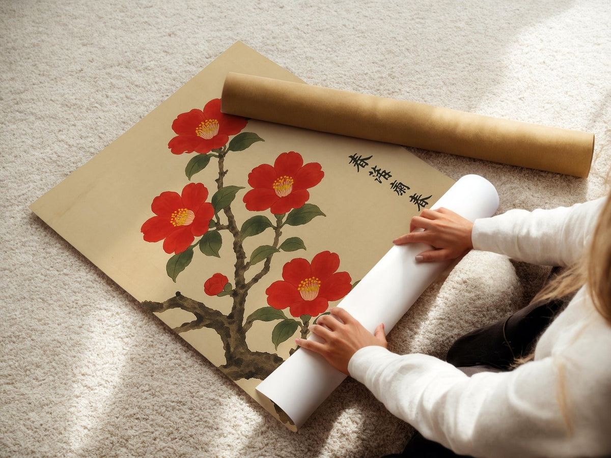 Red Camellia Blossom Poster | Japanese - Style Botanical Wall Art with Vintage Ink Brush Look | Zen Nature Print | Free Shipping Always - Just Great Posters