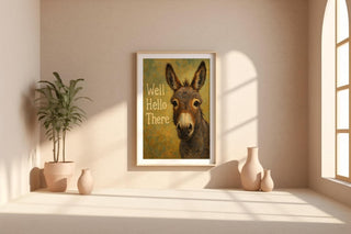 Well Hello There Donkey Poster | Whimsical Animal Wall Art with Funny Greeting | Rustic Farmhouse Humor Print | Free Shipping Always - Just Great Posters