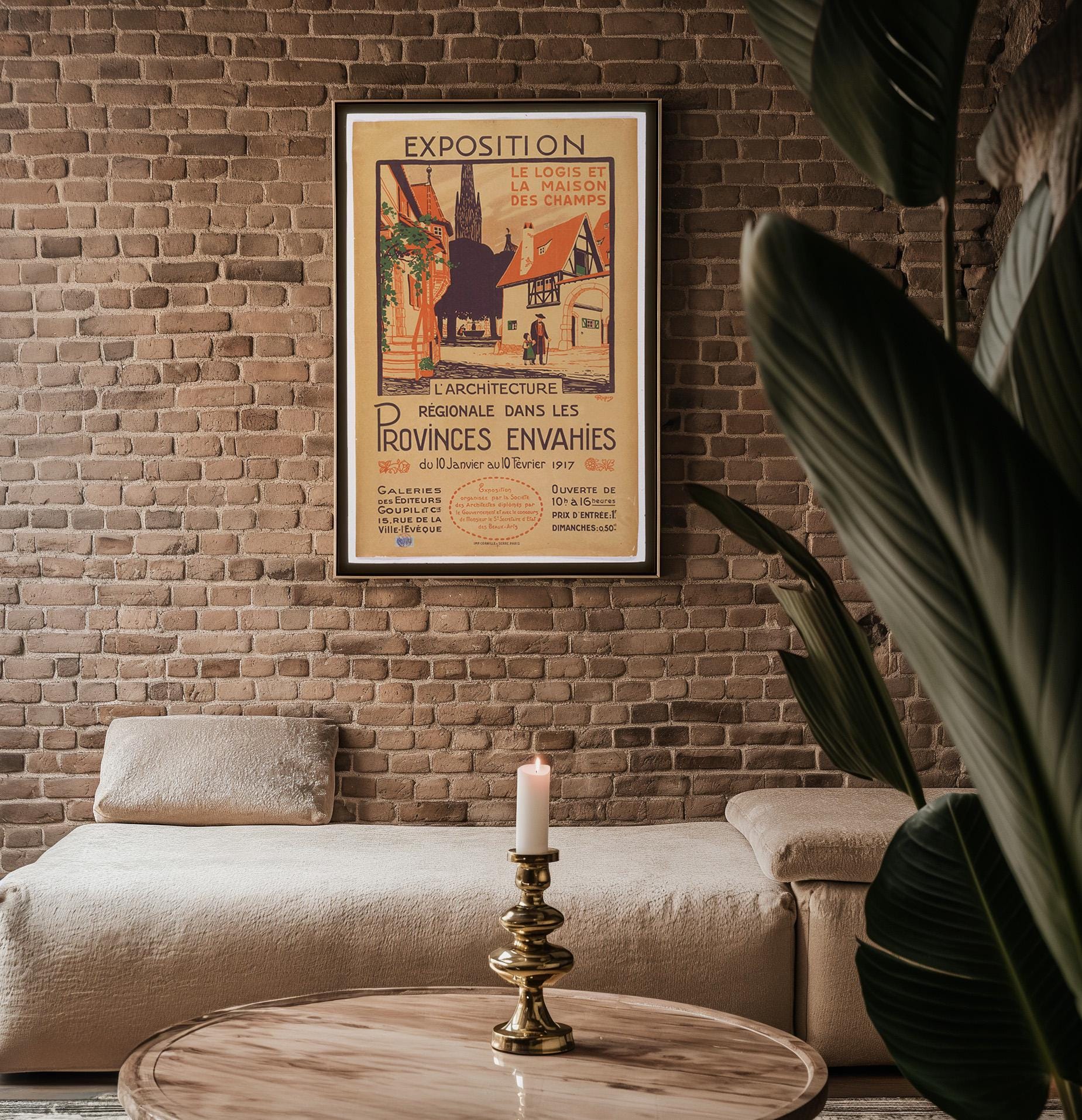 French Exhibition Poster Print – 1917 Architecture Show Reprint – Regional Village Scene with Timber Buildings and Red Accents - Just Great Posters
