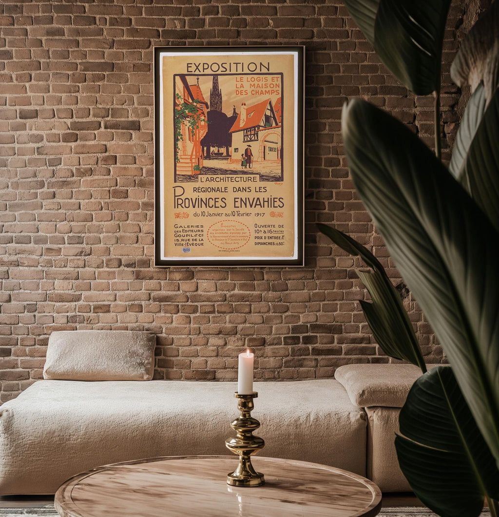 French Exhibition Poster Print – 1917 Architecture Show Reprint – Regional Village Scene with Timber Buildings and Red Accents - Just Great Posters