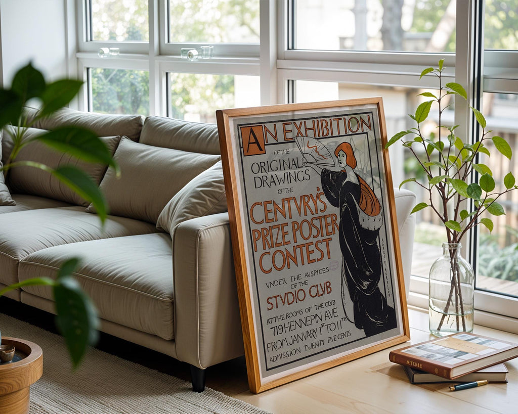 Vintage Art Exhibit Poster Print – Century’s Prize Poster Contest Reprint – 1890s Studio Club Illustrated Woman with Fan - Just Great Posters