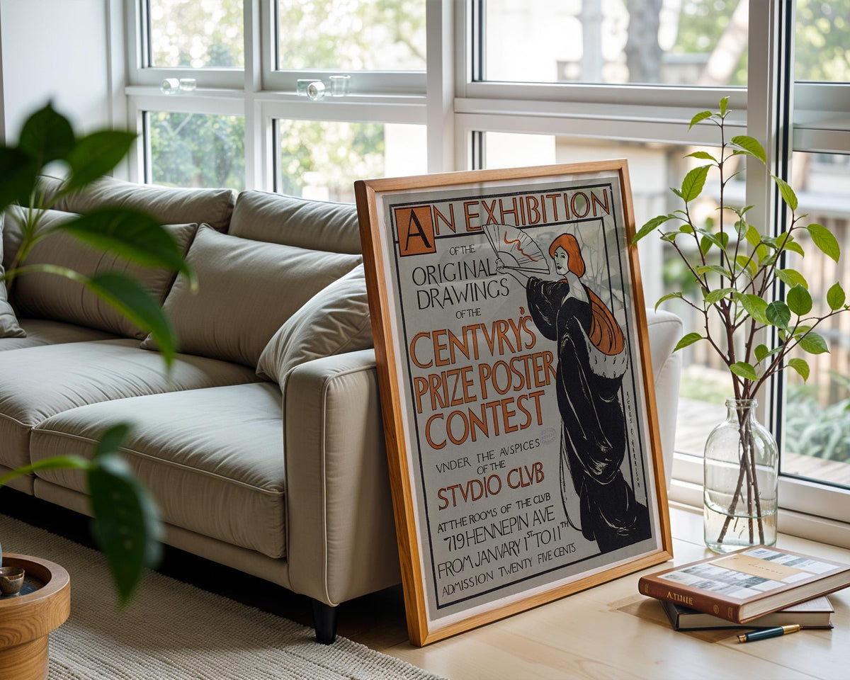 Vintage Art Exhibit Poster Print – Century’s Prize Poster Contest Reprint – 1890s Studio Club Illustrated Woman with Fan - Just Great Posters