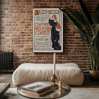 Vintage Art Exhibit Poster Print – Century’s Prize Poster Contest Reprint – 1890s Studio Club Illustrated Woman with Fan - Just Great Posters