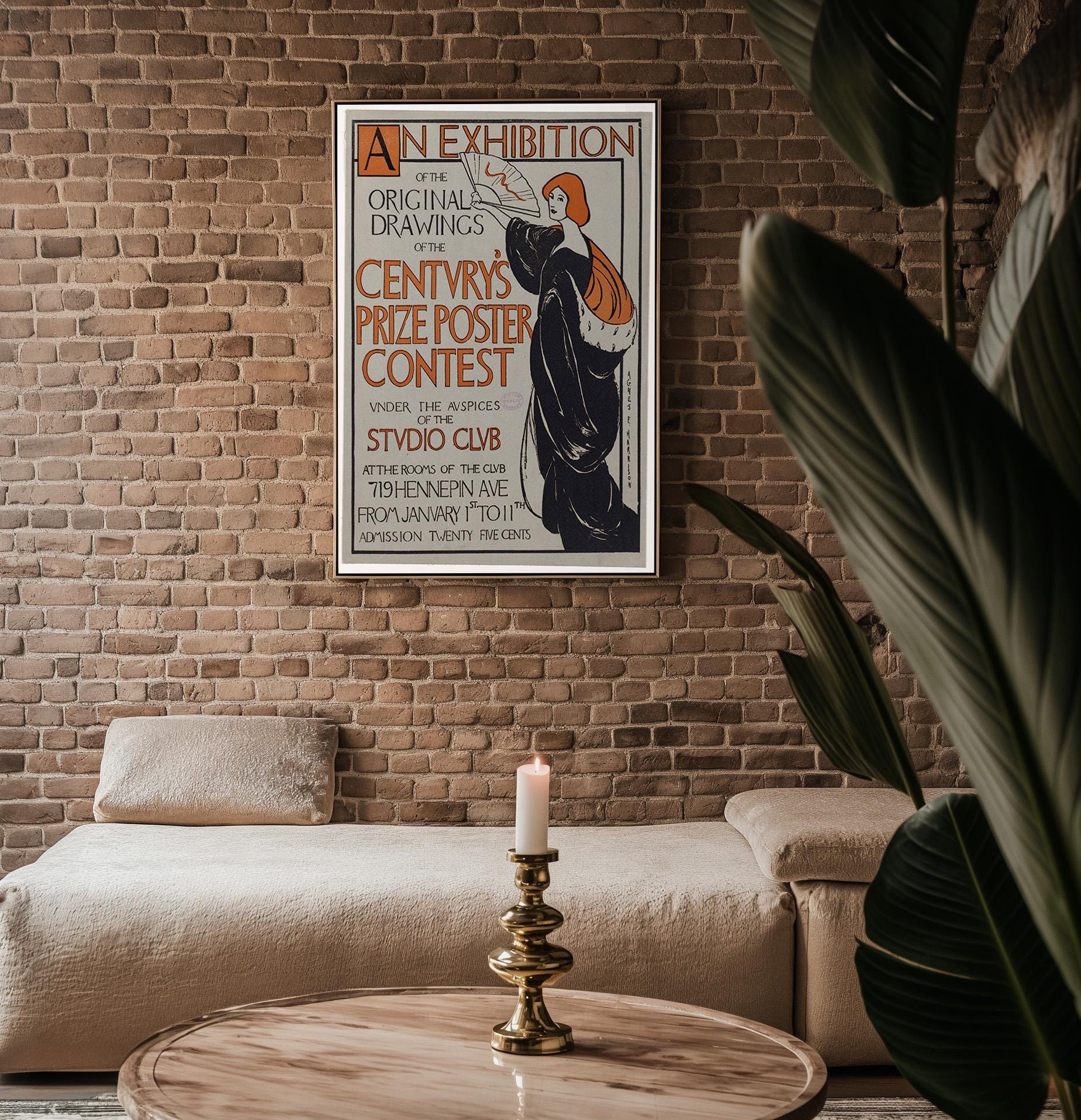 Vintage Art Exhibit Poster Print – Century’s Prize Poster Contest Reprint – 1890s Studio Club Illustrated Woman with Fan - Just Great Posters