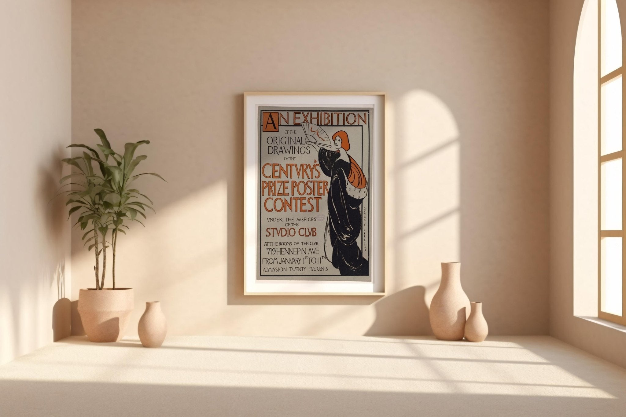Vintage Art Exhibit Poster Print – Century’s Prize Poster Contest Reprint – 1890s Studio Club Illustrated Woman with Fan - Just Great Posters