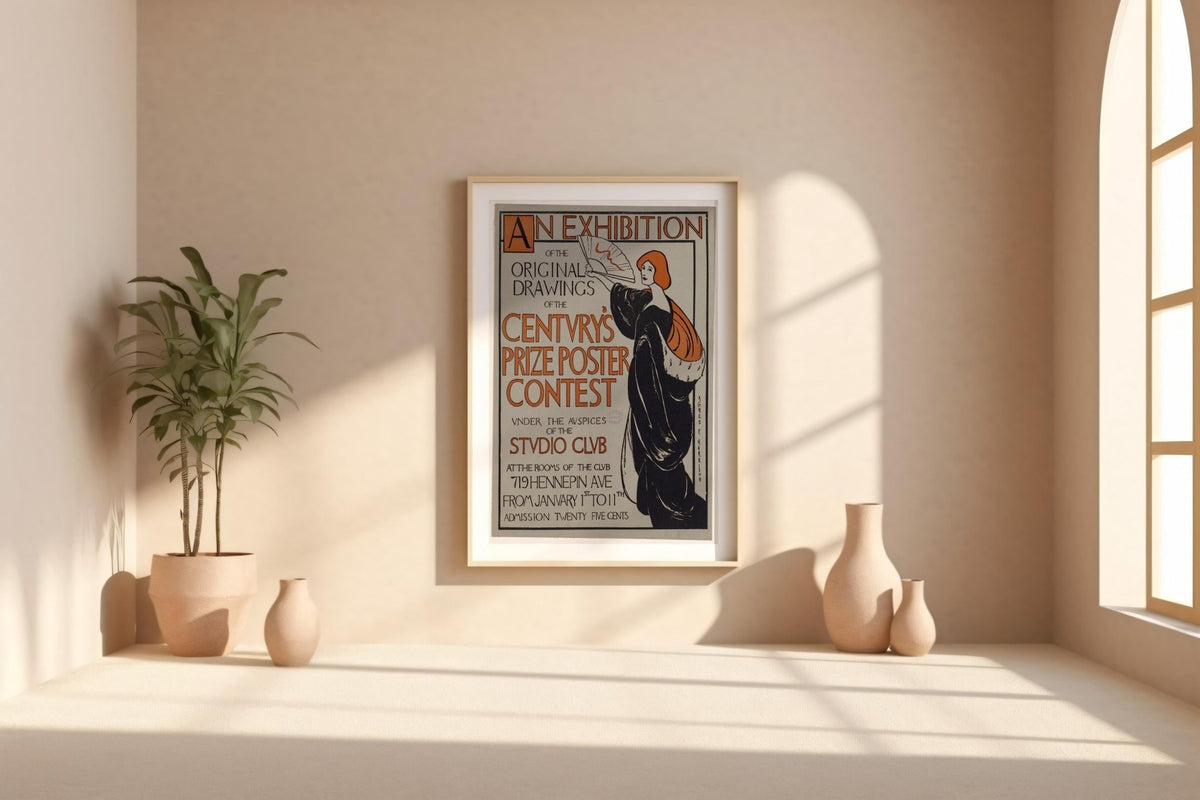 Vintage Art Exhibit Poster Print – Century’s Prize Poster Contest Reprint – 1890s Studio Club Illustrated Woman with Fan - Just Great Posters