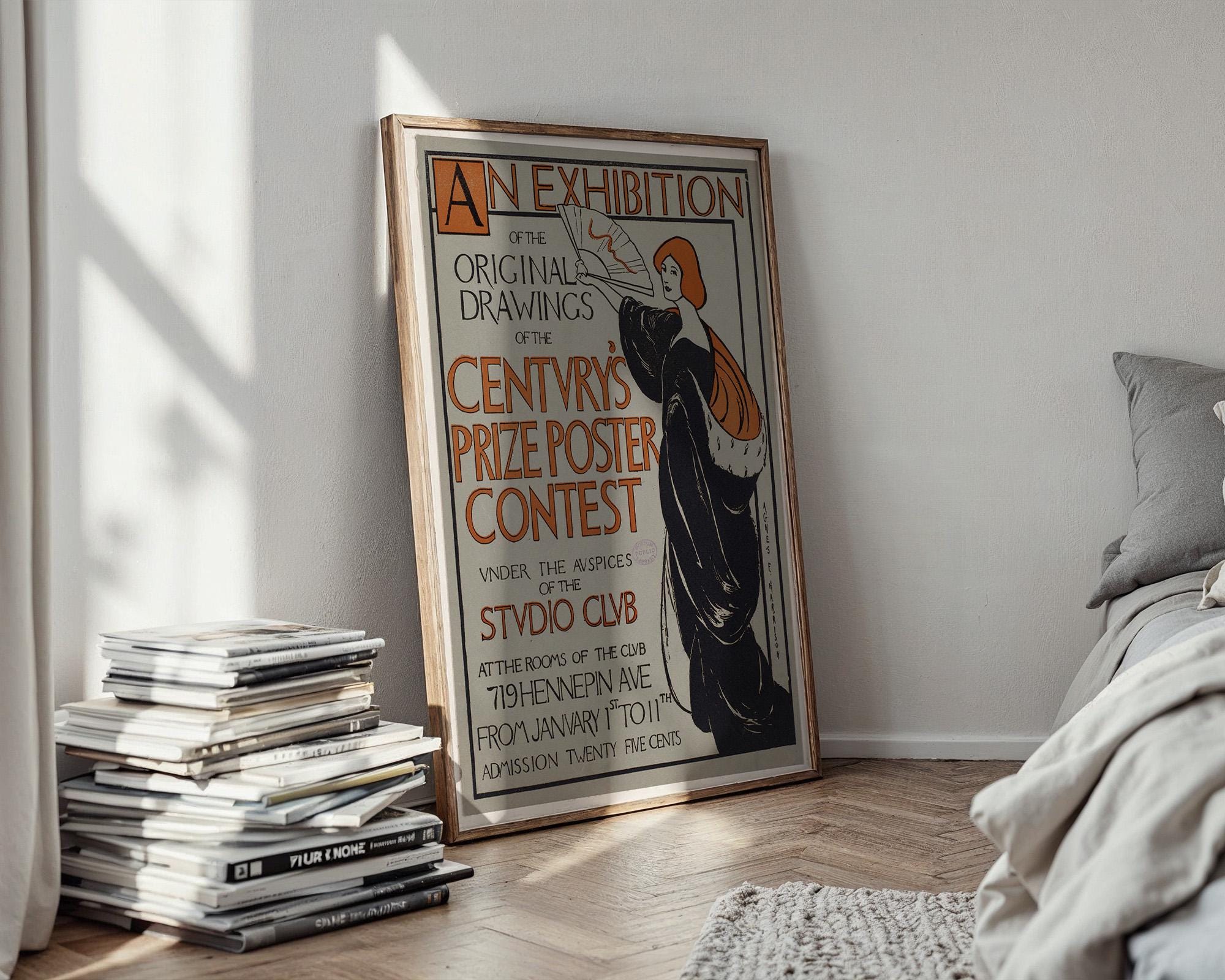 Vintage Art Exhibit Poster Print – Century’s Prize Poster Contest Reprint – 1890s Studio Club Illustrated Woman with Fan - Just Great Posters