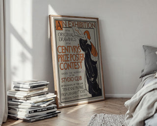 Vintage Art Exhibit Poster Print – Century’s Prize Poster Contest Reprint – 1890s Studio Club Illustrated Woman with Fan - Just Great Posters