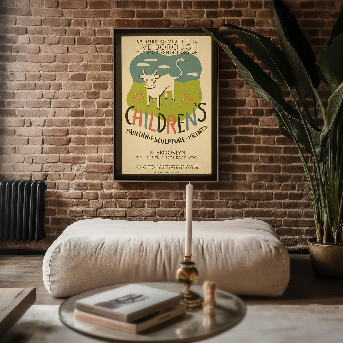 Vintage WPA Poster Print – Children’s Art Exhibit Reprint – Five - Borough NYC Show with Cow Illustration and Playful Typography - Just Great Posters
