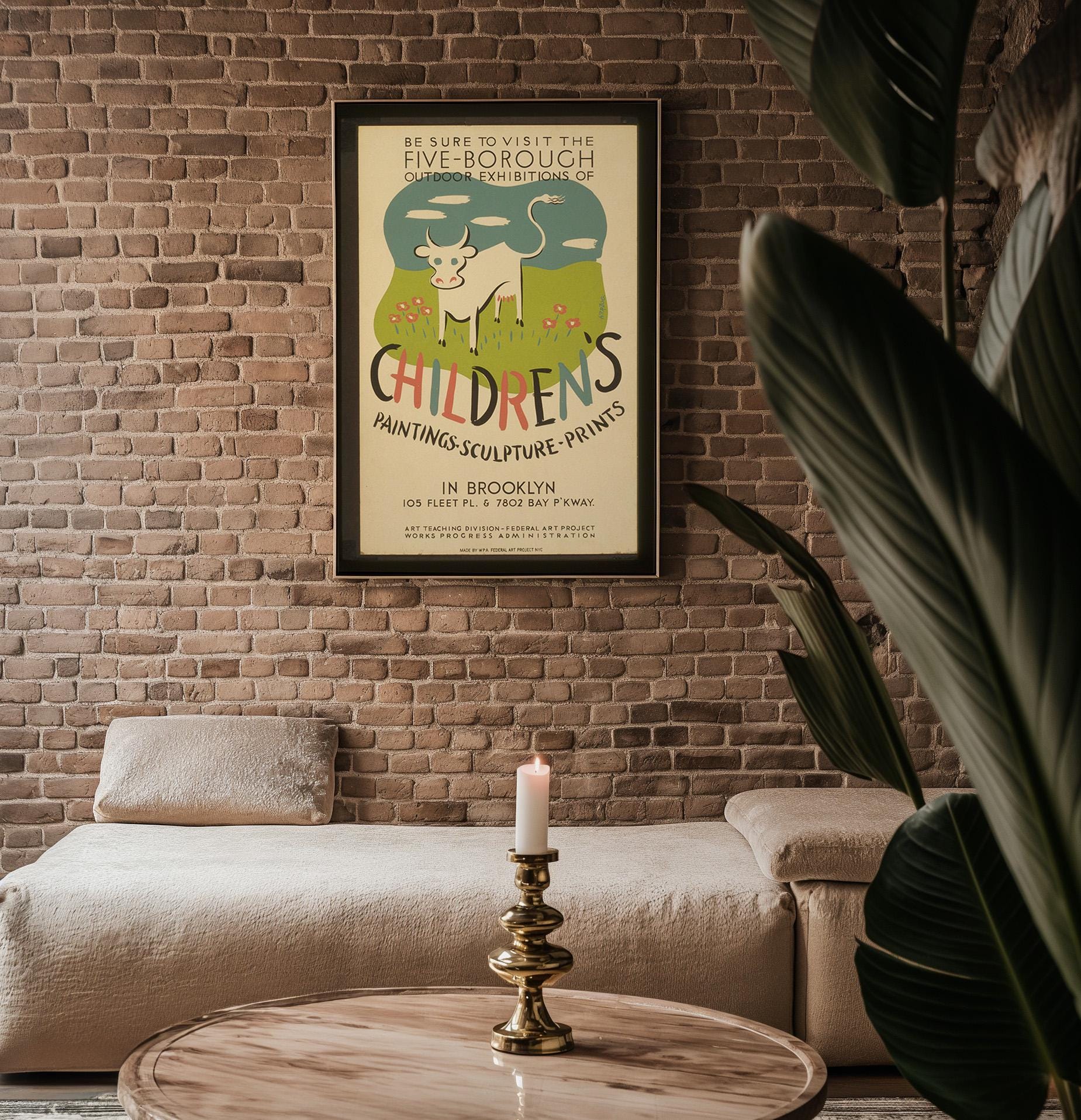Vintage WPA Poster Print – Children’s Art Exhibit Reprint – Five - Borough NYC Show with Cow Illustration and Playful Typography - Just Great Posters