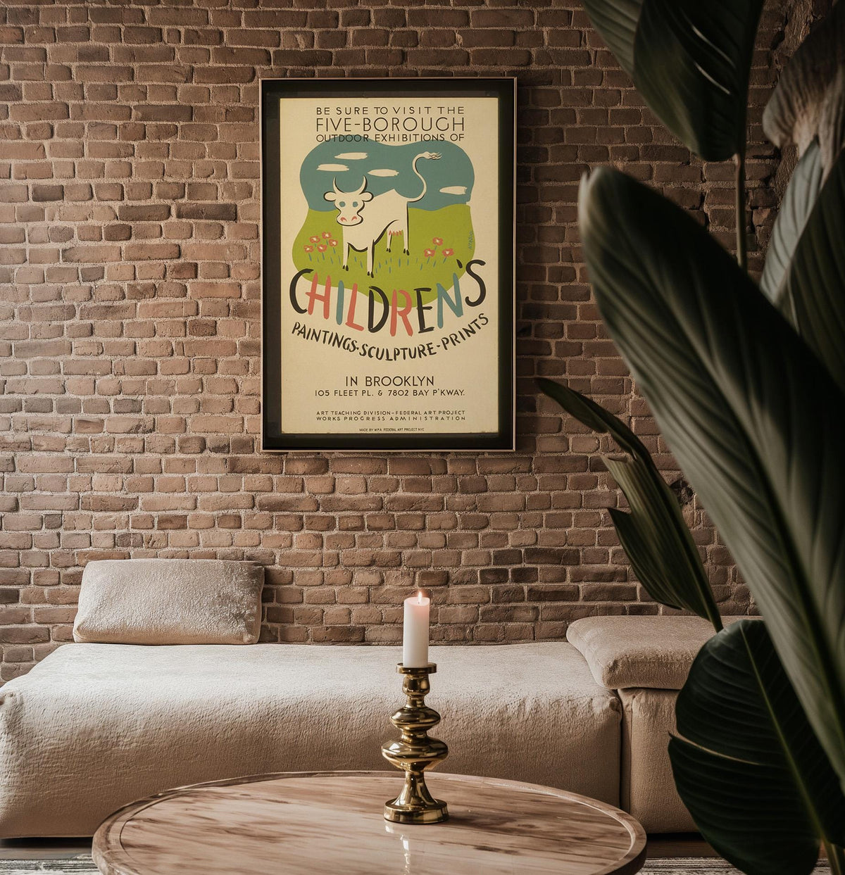 Vintage WPA Poster Print – Children’s Art Exhibit Reprint – Five - Borough NYC Show with Cow Illustration and Playful Typography - Just Great Posters