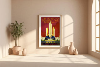 Vintage World’s Fair Poster Print – Chicago 1933 Century of Progress Reprint – Art Deco Skyline and Expo Pavilion Artwork - Just Great Posters