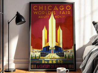 Vintage World’s Fair Poster Print – Chicago 1933 Century of Progress Reprint – Art Deco Skyline and Expo Pavilion Artwork - Just Great Posters