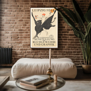 Vintage Art Exhibition Poster Print – Leipzig 1914 Reprint – Mythical Griffin Rider with Fire and Typography in Dramatic Style - Just Great Posters