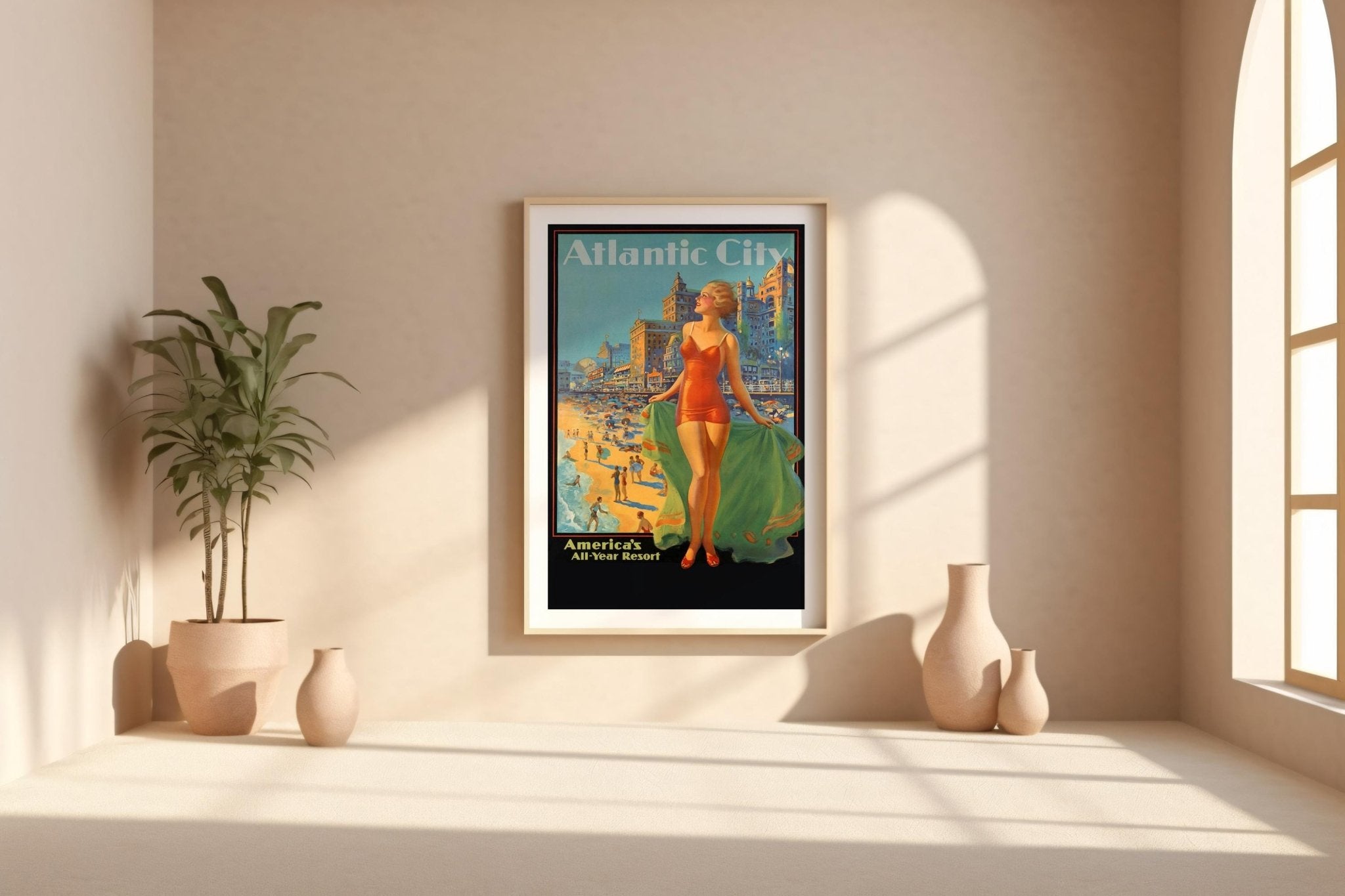 Vintage Travel Poster Print – Atlantic City Beach Scene Reprint – 1940s Swimsuit Pin - Up Woman with Seaside Resort Background - Just Great Posters