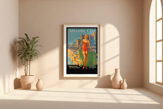 Vintage Travel Poster Print – Atlantic City Beach Scene Reprint – 1940s Swimsuit Pin - Up Woman with Seaside Resort Background - Just Great Posters