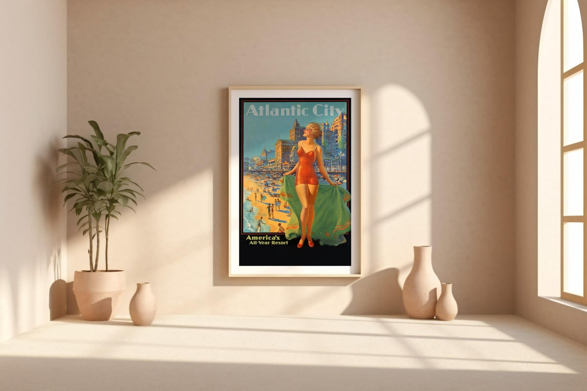 Vintage Travel Poster Print – Atlantic City Beach Scene Reprint – 1940s Swimsuit Pin - Up Woman with Seaside Resort Background - Just Great Posters