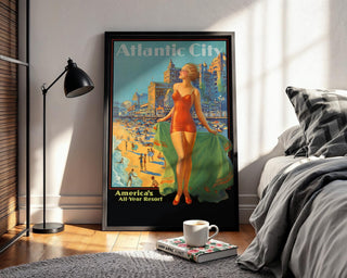Vintage Travel Poster Print – Atlantic City Beach Scene Reprint – 1940s Swimsuit Pin - Up Woman with Seaside Resort Background - Just Great Posters