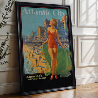Vintage Travel Poster Print – Atlantic City Beach Scene Reprint – 1940s Swimsuit Pin - Up Woman with Seaside Resort Background - Just Great Posters