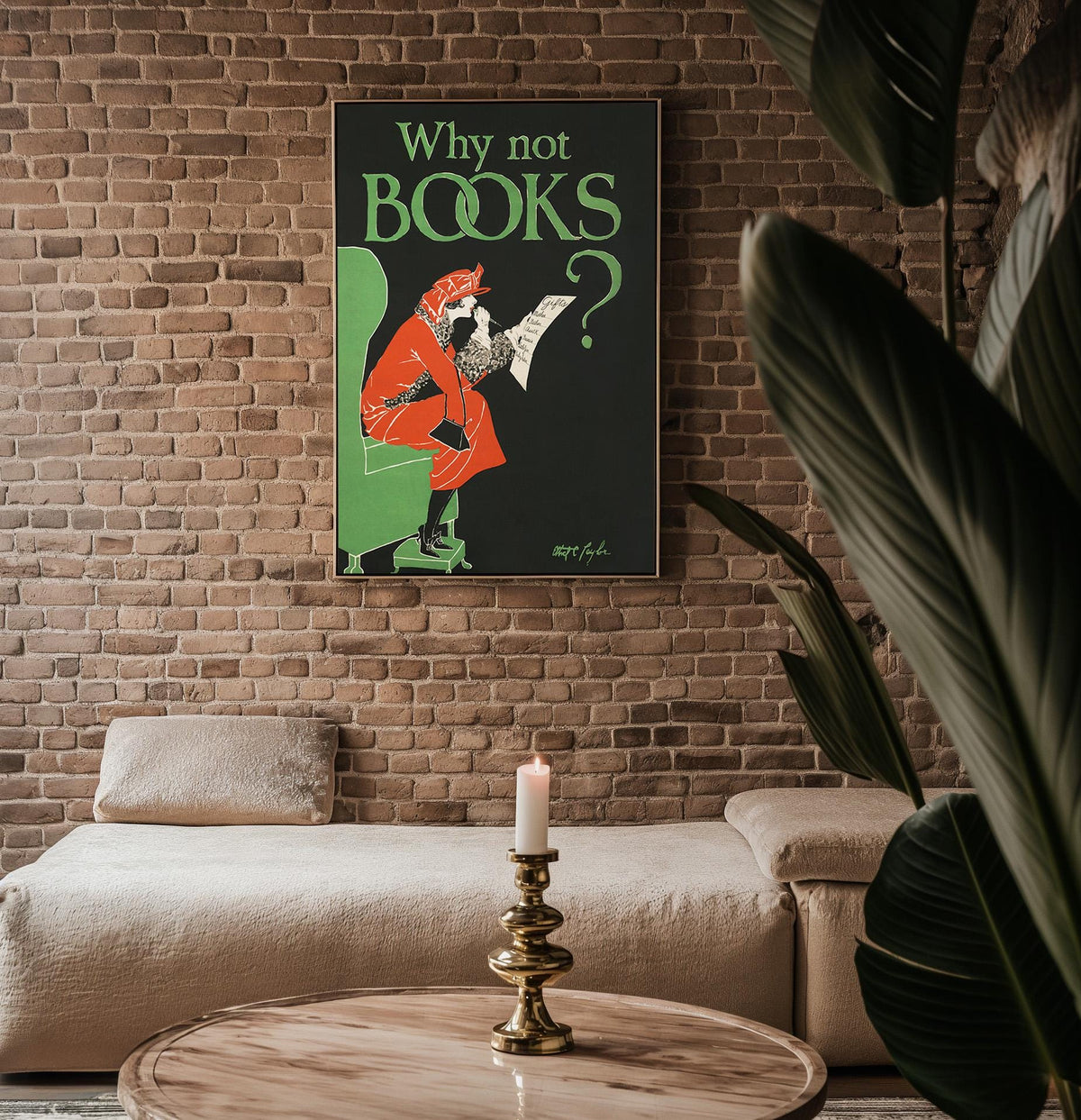 Vintage Bookstore Poster Print – Why Not Books? Reading Gift Reprint – 1920s Holiday Shopper Illustration with Gift List - Just Great Posters