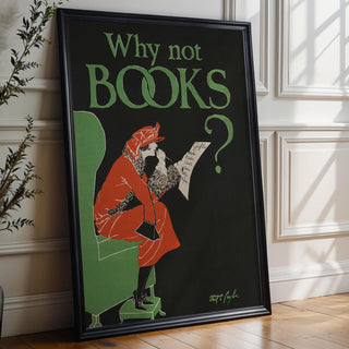 Vintage Bookstore Poster Print – Why Not Books? Reading Gift Reprint – 1920s Holiday Shopper Illustration with Gift List - Just Great Posters