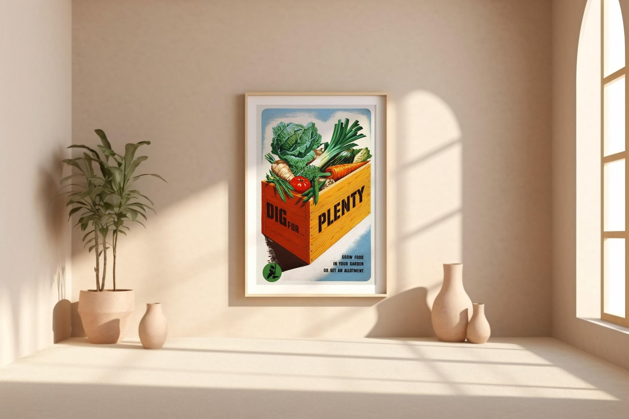 Vintage Wartime Garden Poster – Dig for Victory Print with Veggie Crate Art – WWII Food Propaganda Wall Art, Retro Home Kitchen Decor - Just Great Posters