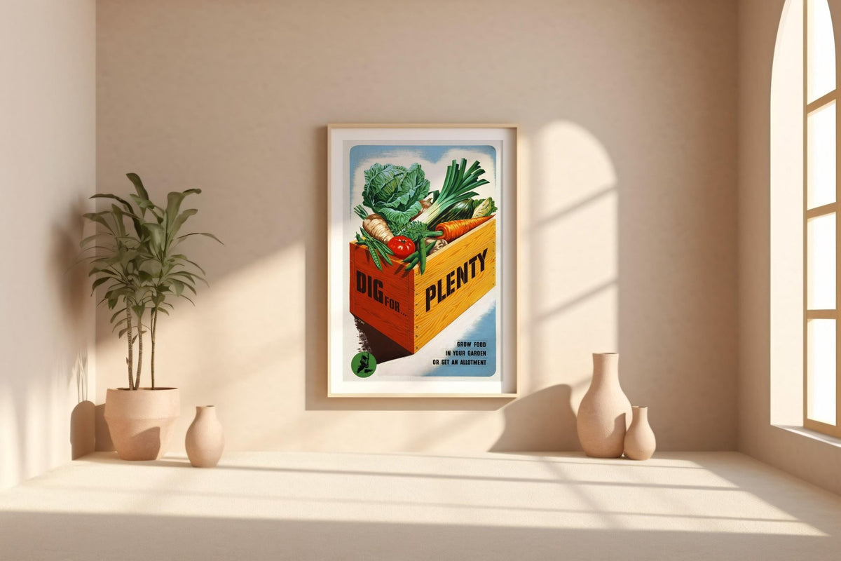 Vintage Wartime Garden Poster – Dig for Victory Print with Veggie Crate Art – WWII Food Propaganda Wall Art, Retro Home Kitchen Decor - Just Great Posters
