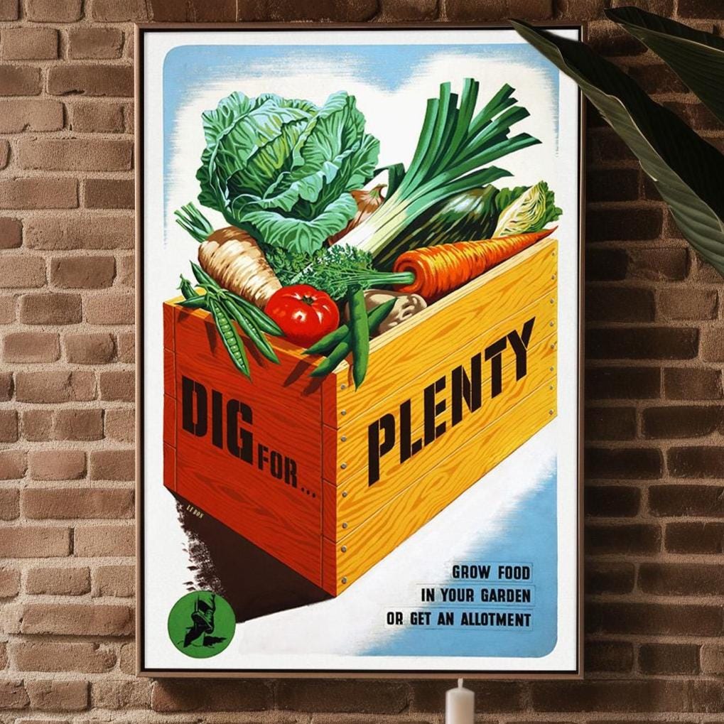 Vintage Wartime Garden Poster – Dig for Victory Print with Veggie Crate Art – WWII Food Propaganda Wall Art, Retro Home Kitchen Decor - Just Great Posters