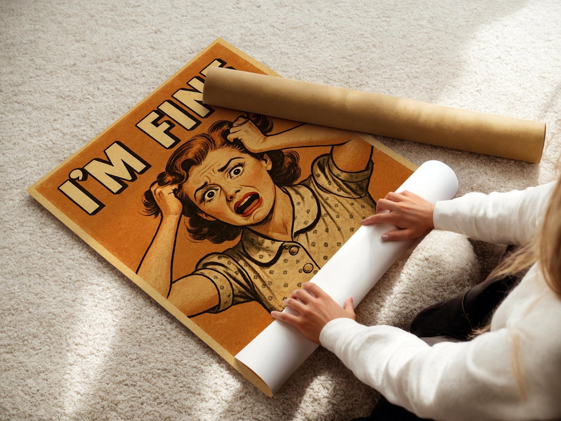 I’m Fine Retro Poster | Funny Mental Health Wall Art in Vintage Comic Style | Anxiety Humor Print for Office or Dorm | Free Shipping - Just Great Posters