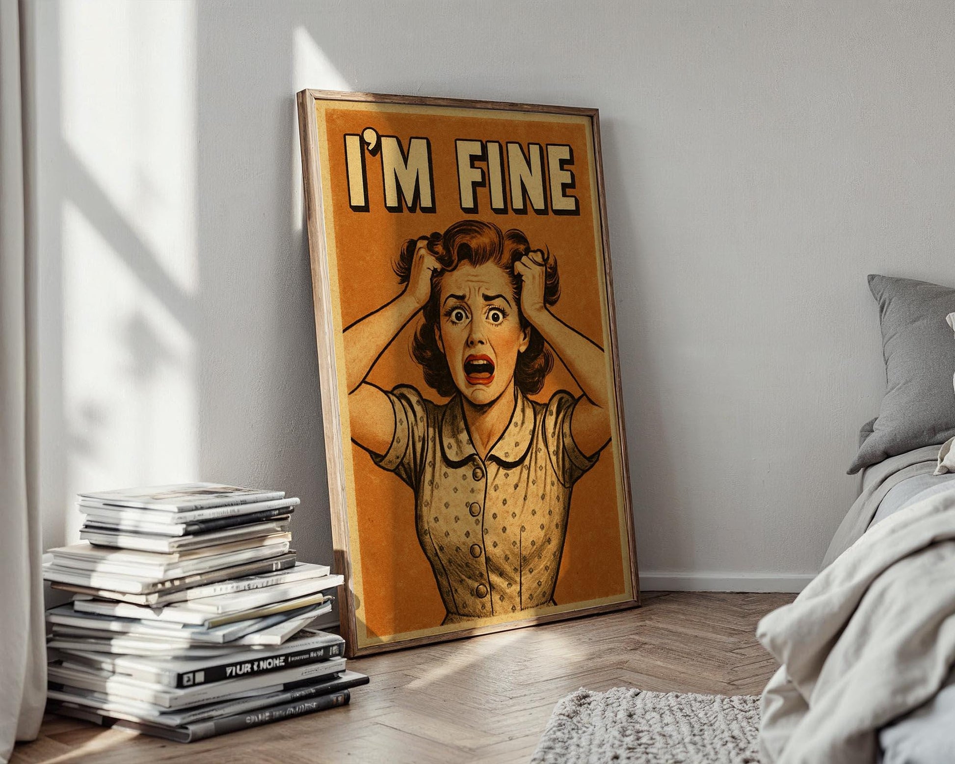 I’m Fine Retro Poster | Funny Mental Health Wall Art in Vintage Comic Style | Anxiety Humor Print for Office or Dorm | Free Shipping - Just Great Posters