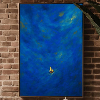 Blue Sailboat at Sea Poster | Minimal Ocean Wall Art with Dreamy Brush Texture | Serene Coastal Print for Calm Spaces | Free Shipping - Just Great Posters