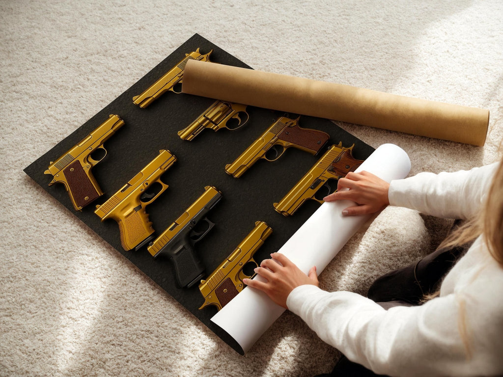 Golden Pistols Poster | Luxury Weapon Grid Wall Art with Bold Gold on Black Design | Edgy Modern Statement Print | Free Shipping Always - Just Great Posters