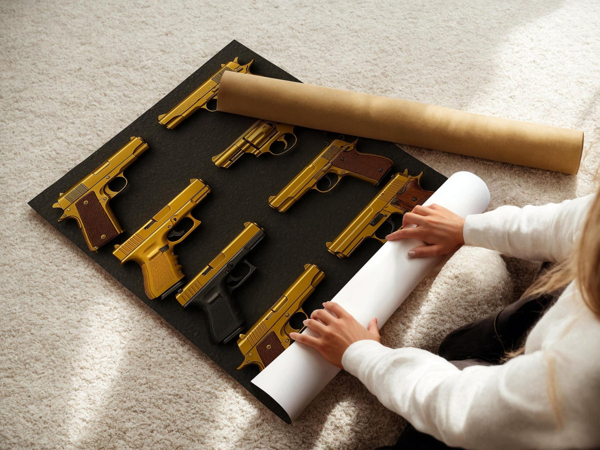 Golden Pistols Poster | Luxury Weapon Grid Wall Art with Bold Gold on Black Design | Edgy Modern Statement Print | Free Shipping Always - Just Great Posters