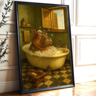 Bathtub Hippo Poster | Whimsical Animal Wall Art with Vintage Bathroom Vibe | Funny Surreal Decor for Home or Gift | Free Shipping - Just Great Posters