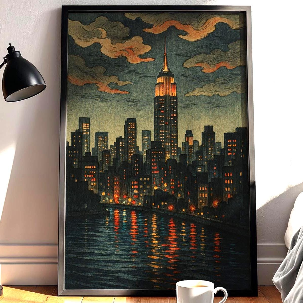 New York City Night Skyline Poster | Moody Empire State Building Wall Art with River Lights | Retro Urban Print | Free Shipping Always - Just Great Posters