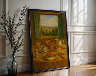 Tuscany Breakfast Poster | Cozy Italian Still Life Wall Art with Countryside View | Rustic Kitchen Print | Free Shipping Always Included - Just Great Posters