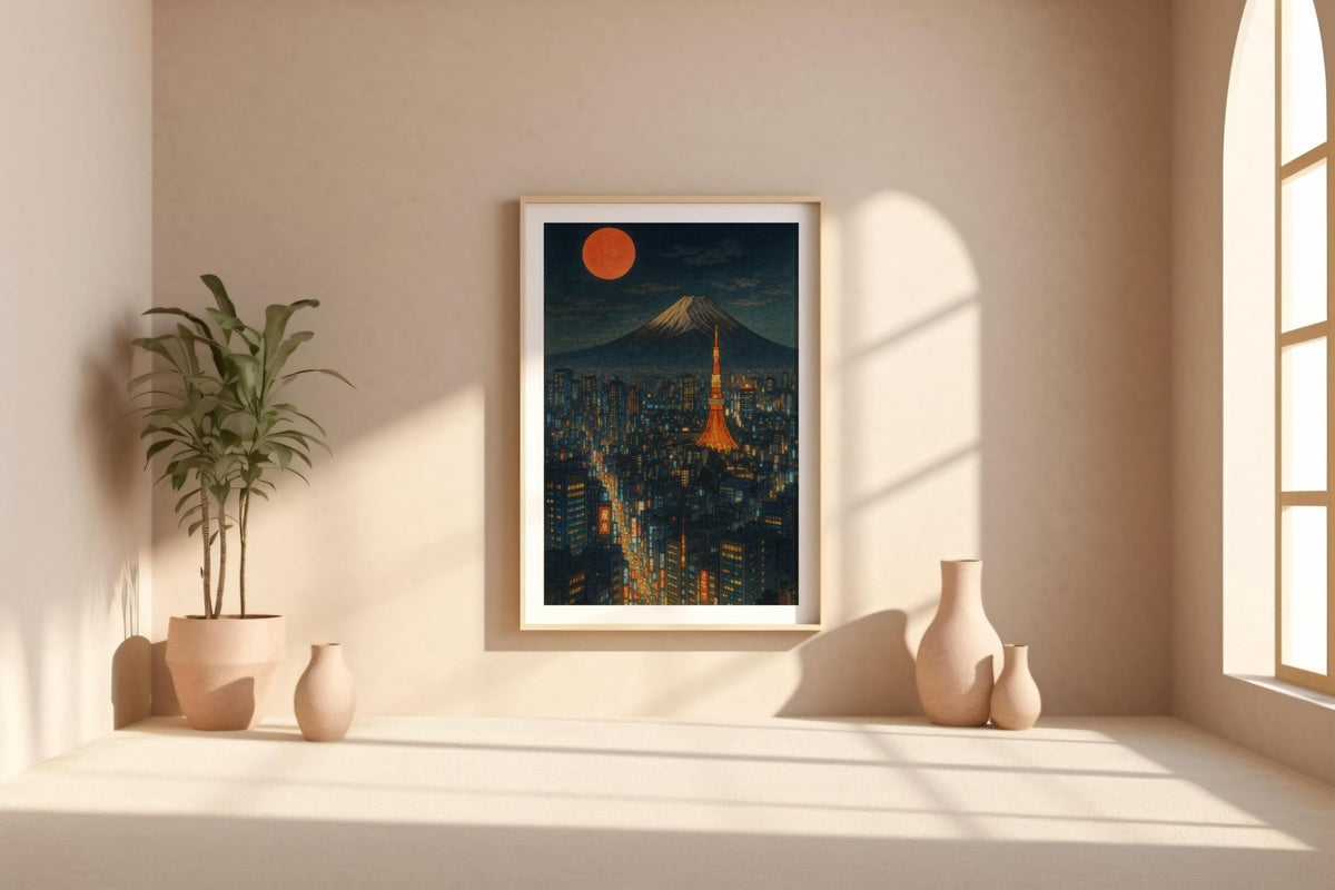 Tokyo Night Skyline Poster | Futuristic Cityscape Wall Art with Mt. Fuji & Neon Lights | Urban Japan Print | Free Shipping Always - Just Great Posters