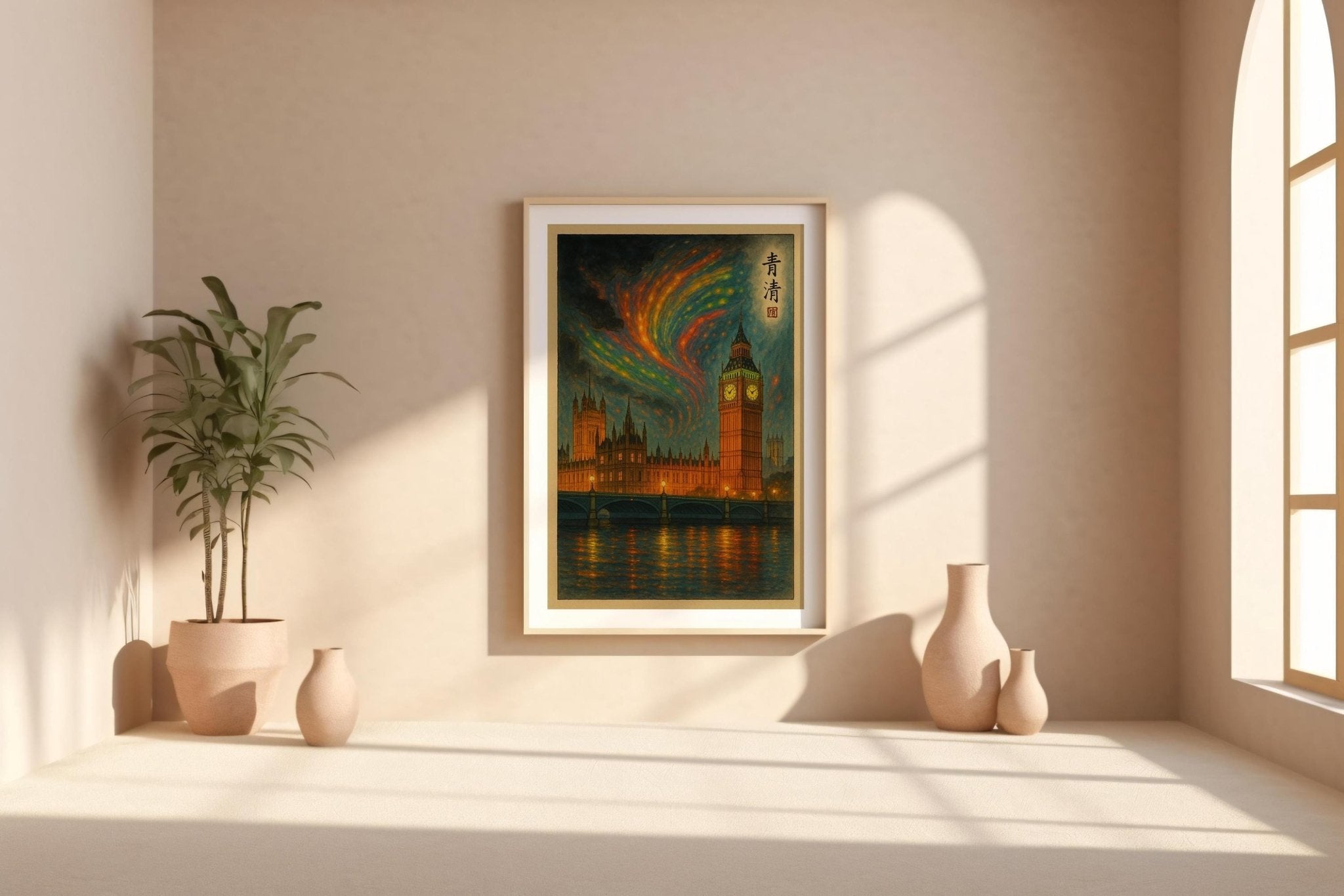 London Big Ben Aurora Poster | Surreal Night Sky Wall Art with Parliament & River Thames | Fantasy City Print | Free Shipping Always - Just Great Posters