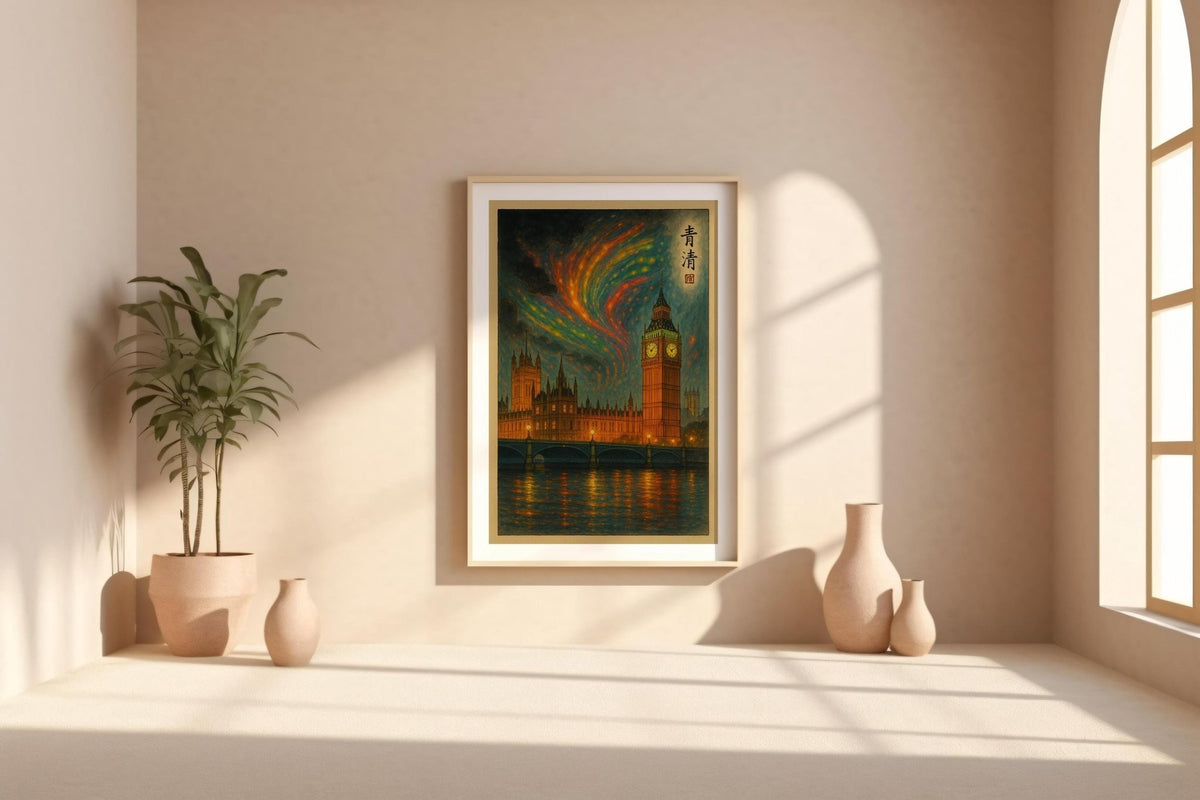 London Big Ben Aurora Poster | Surreal Night Sky Wall Art with Parliament & River Thames | Fantasy City Print | Free Shipping Always - Just Great Posters