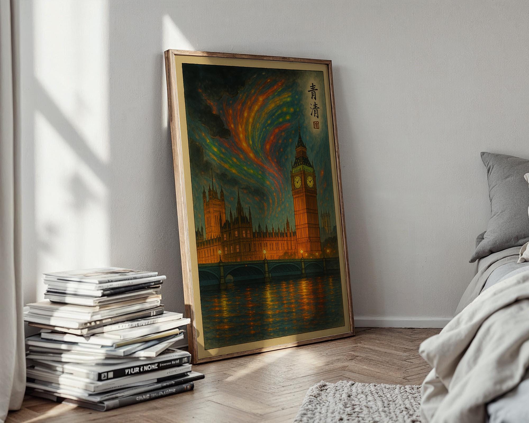 London Big Ben Aurora Poster | Surreal Night Sky Wall Art with Parliament & River Thames | Fantasy City Print | Free Shipping Always - Just Great Posters