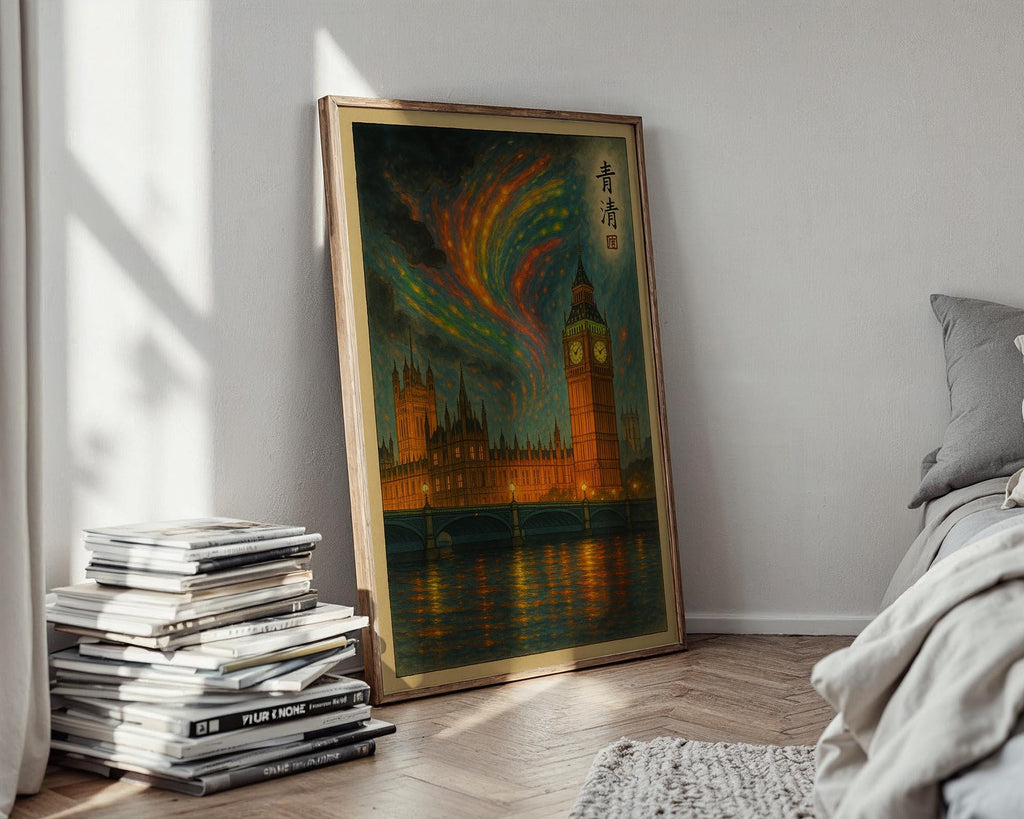 London Big Ben Aurora Poster | Surreal Night Sky Wall Art with Parliament & River Thames | Fantasy City Print | Free Shipping Always - Just Great Posters
