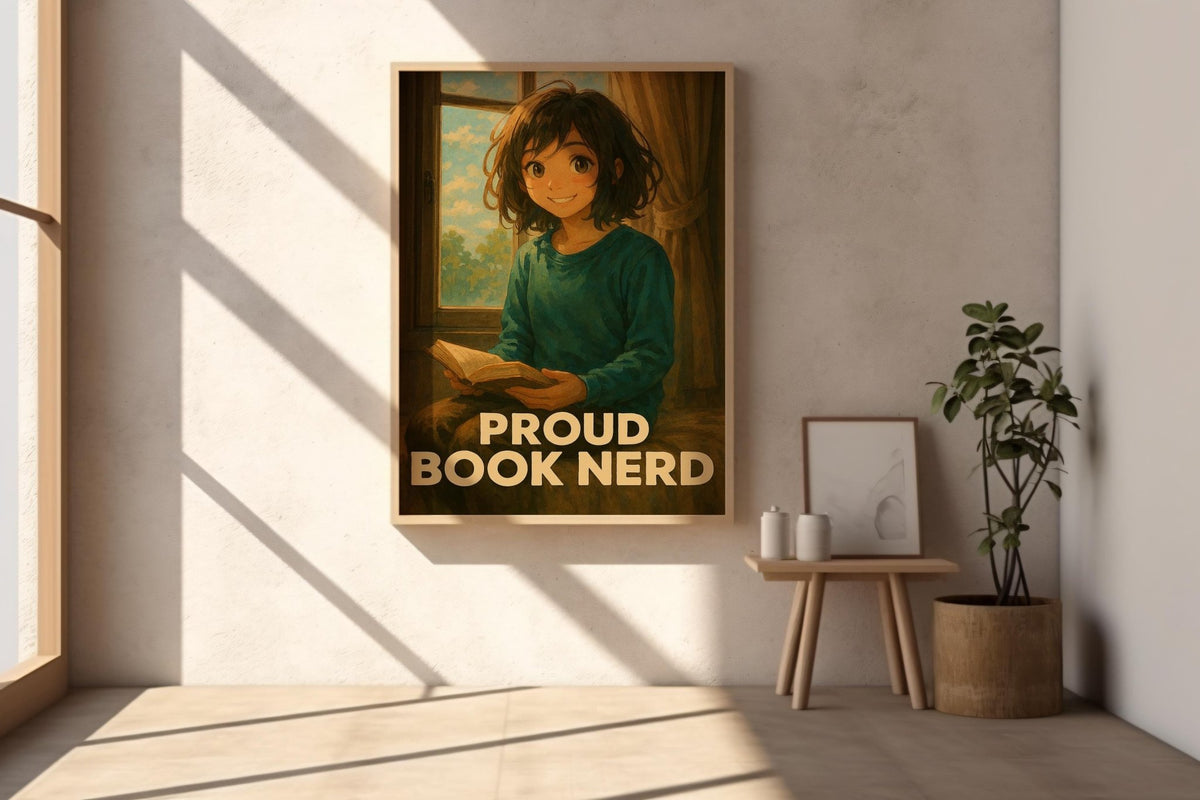 Proud Book Nerd Poster – Cozy Reading Art Print – Anime Style Book Lover Wall Art – Cute Library Decor – Gift for Readers and Introverts - Just Great Posters